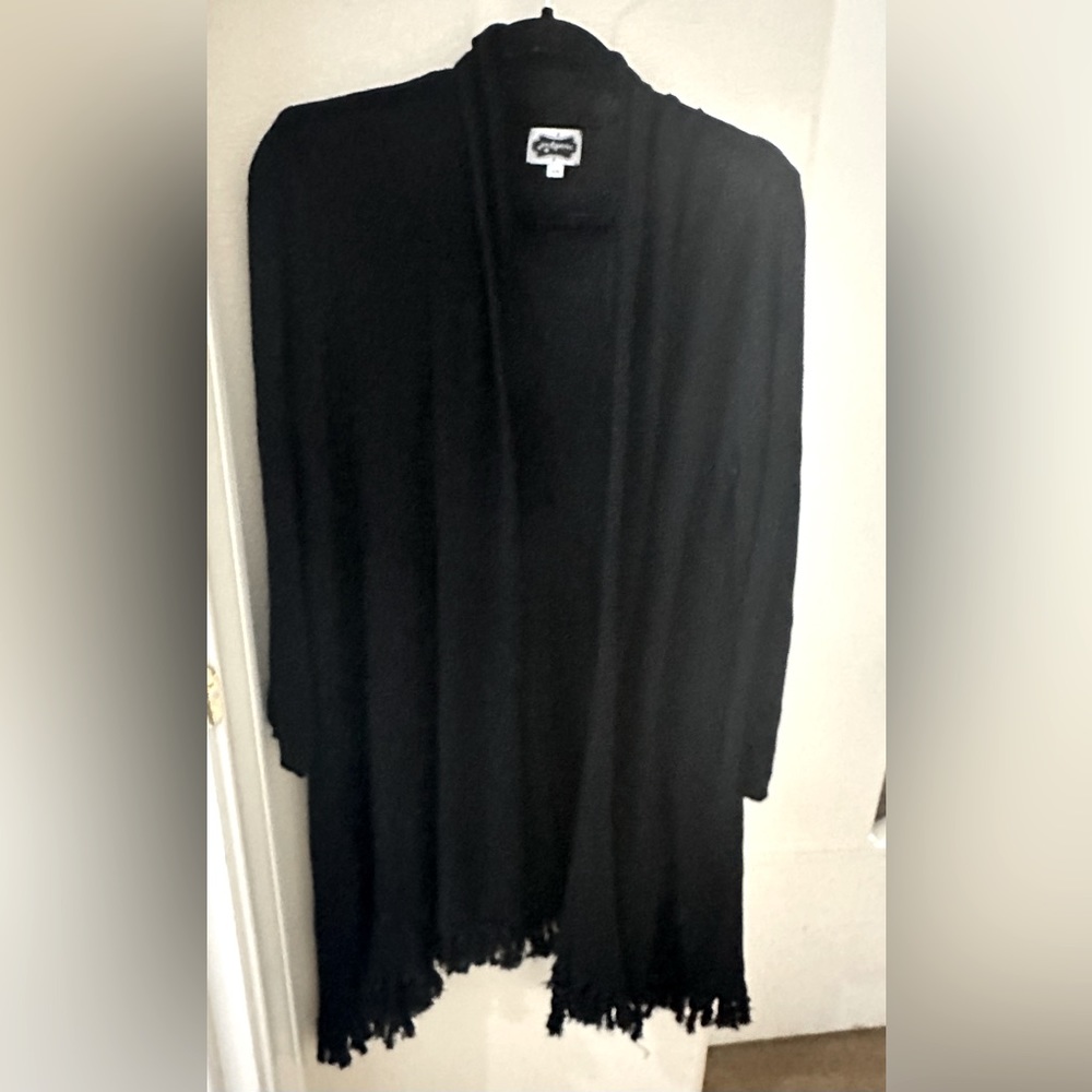 Black cardigan sweater, Mudpie, S/M, fringe on bottom
